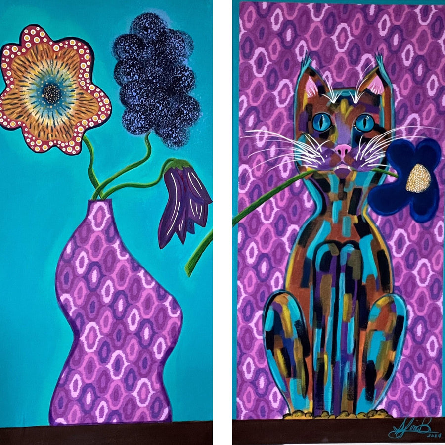 Cat Thief Set on fabric Canvas Original acrylic