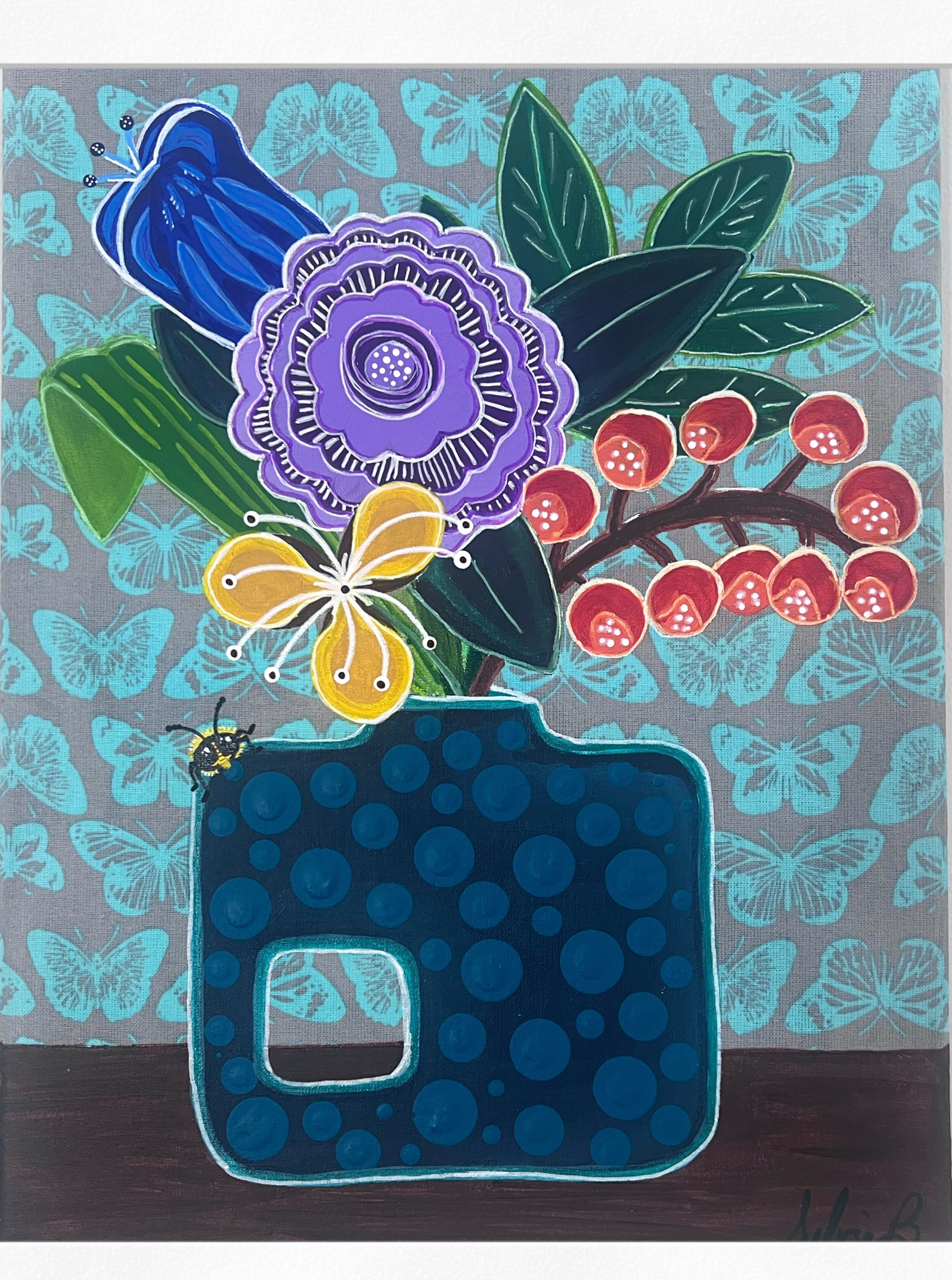 Where there are blooms Original Acrylic  on fabric 9 x 12