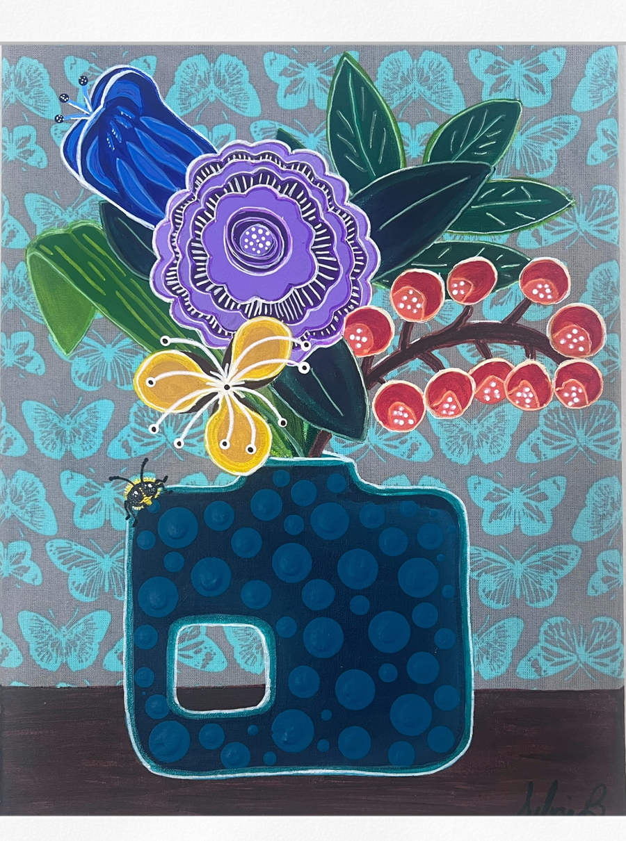 Where there are blooms Original Acrylic  on fabric 9 x 12